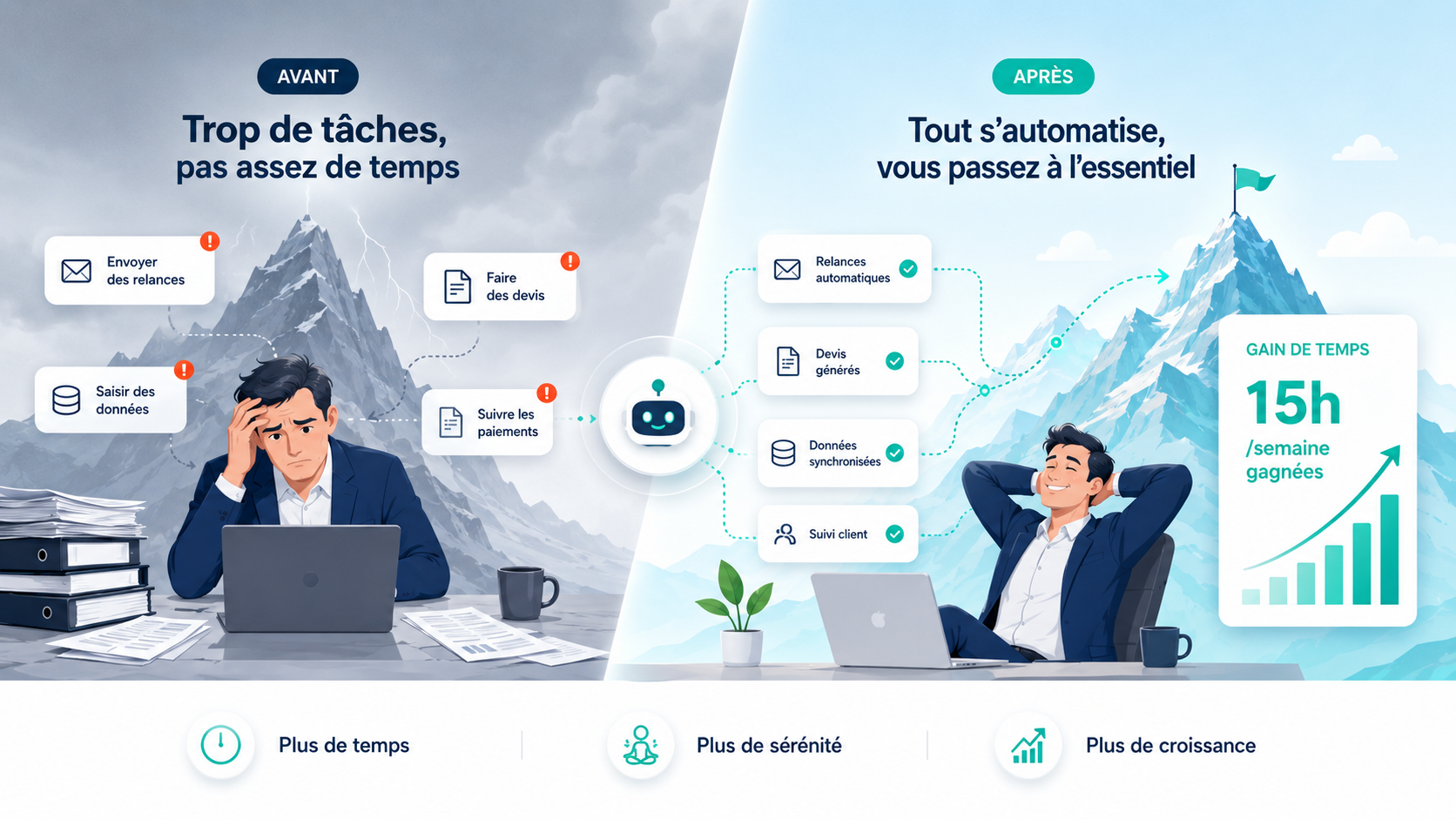 Avant : un dirigeant débordé, submergé par les tâches manuelles (relances, devis, saisie). Après : le même dirigeant détendu, ses tâches désormais automatisées.